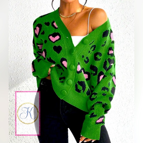Jungle Love, Pink Heart 💖 & Green Leopard V Neck Button-Up Cardigan Sweater. - Picture 3 of 3